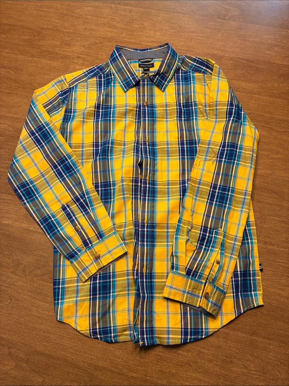 Nautica Yellow and Blue Plaid Long-Sleeve Button-Down Shirt